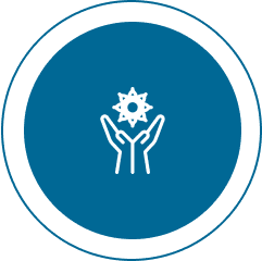 Hands holding a sun icon on blue.