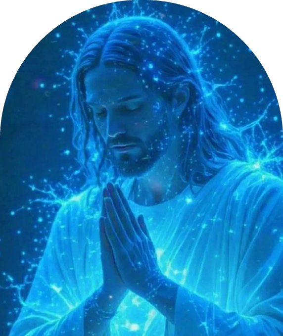 A glowing figure resembling Jesus with hands clasped in prayer surrounded by blue cosmic lights.