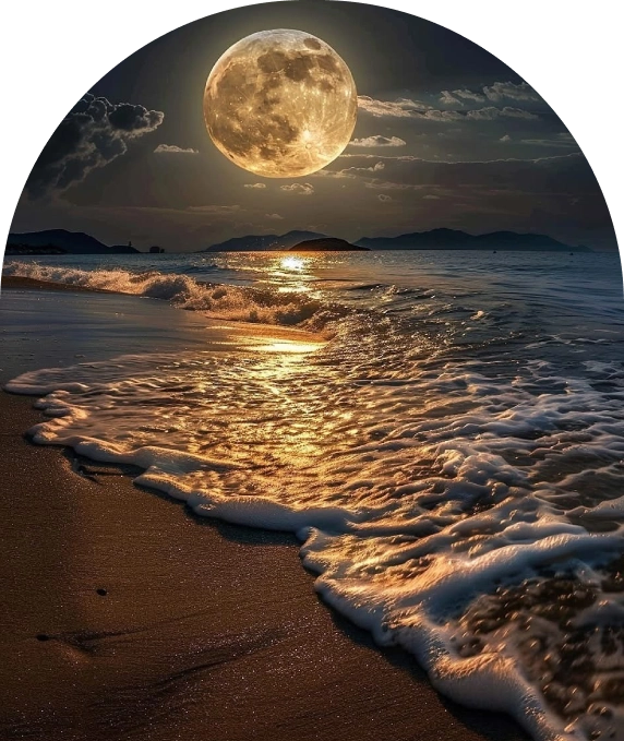 A glowing full moon reflects on ocean waves at night.